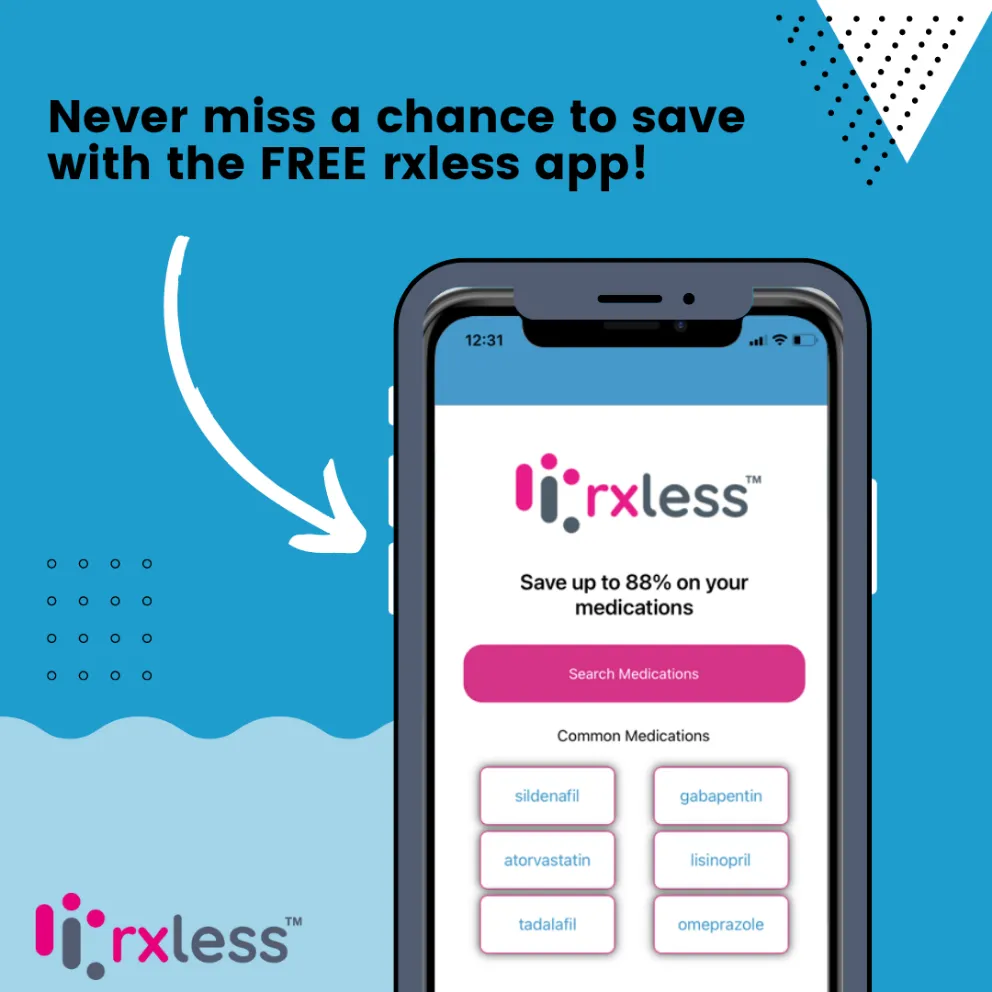Get up to 88% off your prescriptions with the free rxless app illustration