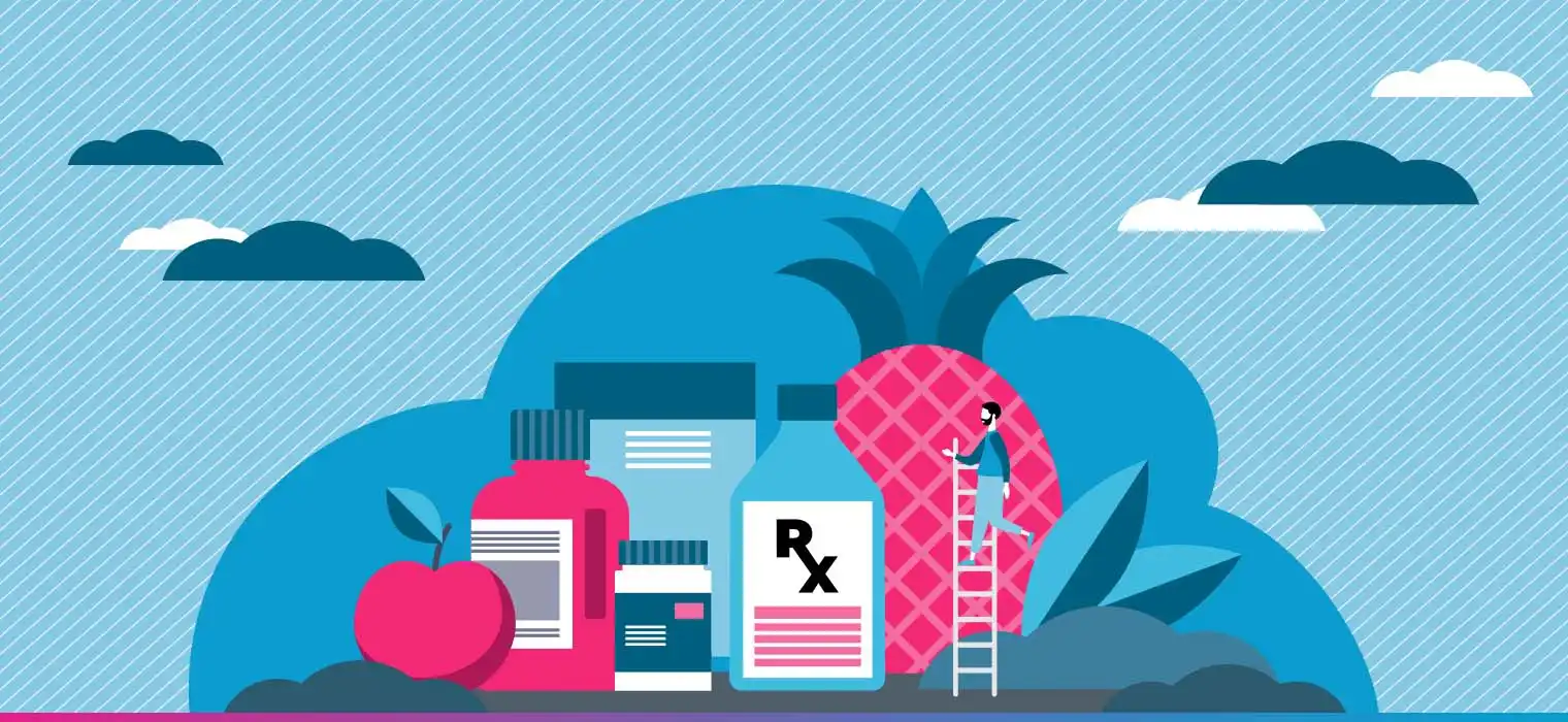 Medicine of various shapes and sizes surrounded by fruit