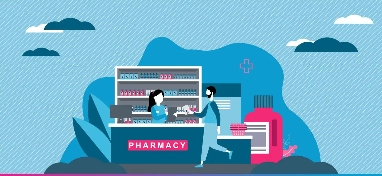 Pharmacist helping customer check out at a pharmacy