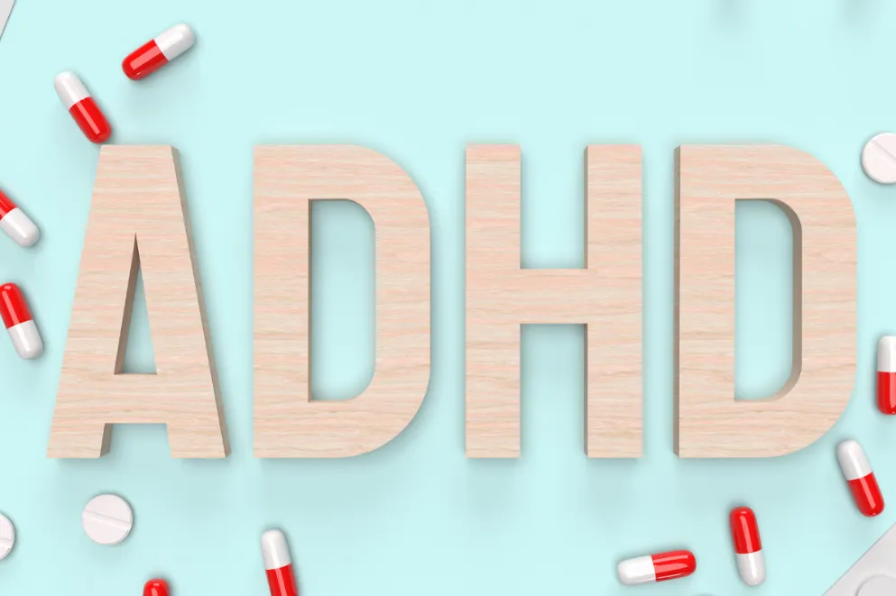 ADHD wood text and pills
