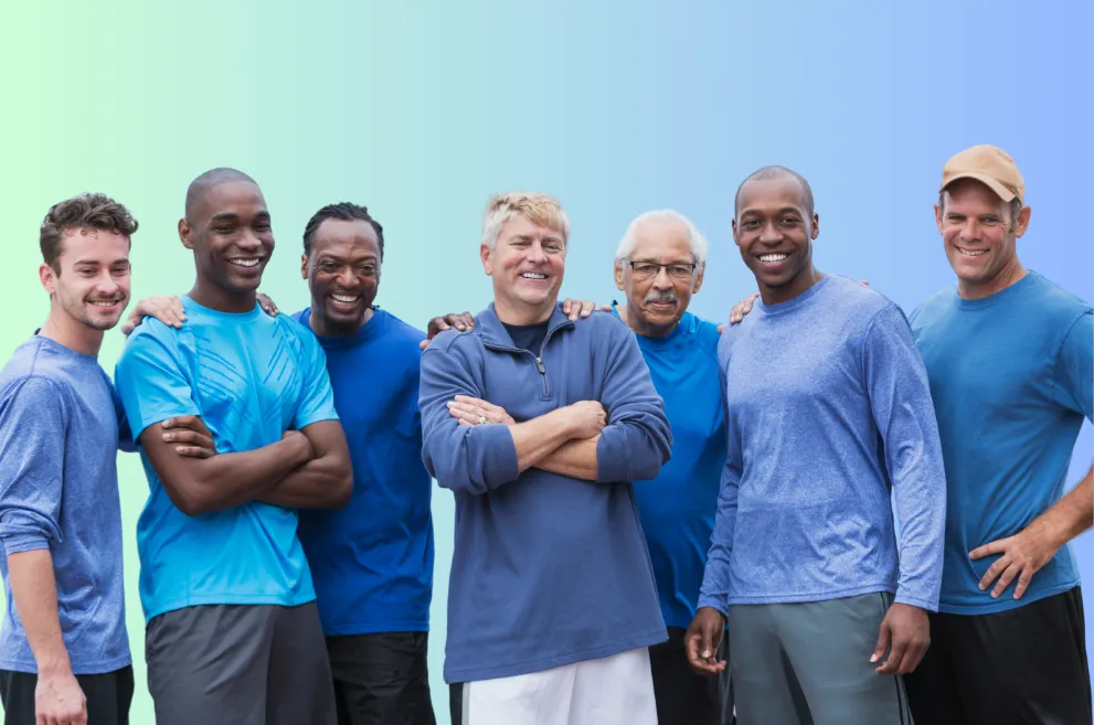 Diverse group of men on green-blue background