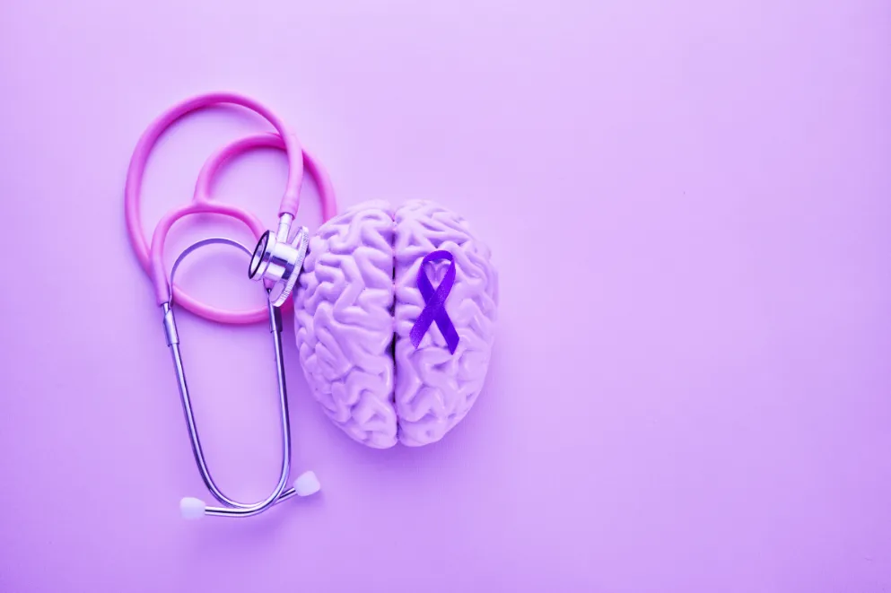 Epilepsy awareness ribbon with brain model and stethoscope