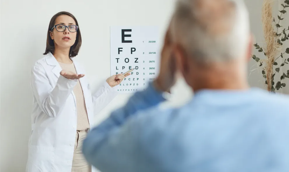 Female ophthalmologist testing eye sight of mature male