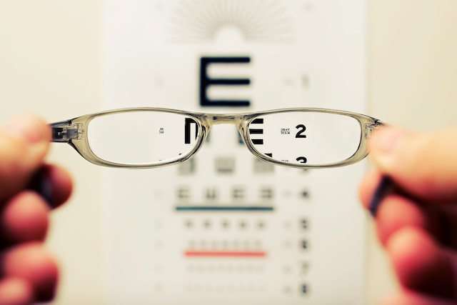 Glasses in front of eye chart