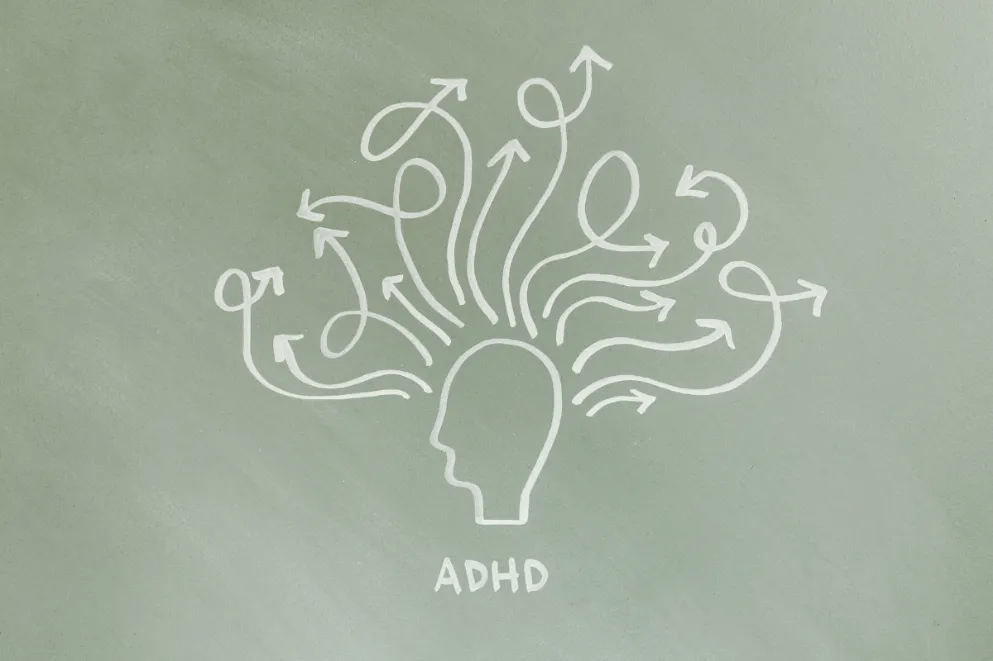 Illustration of human profile with arrows and word ADHD