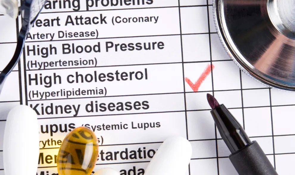Medical document highlighting high cholesterol with various medications