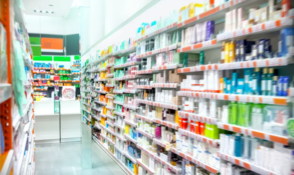 Medications and products on display at retail pharmacy