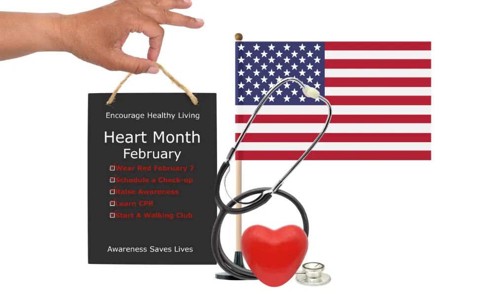 Red heart, stethoscope and american flag in front of sign