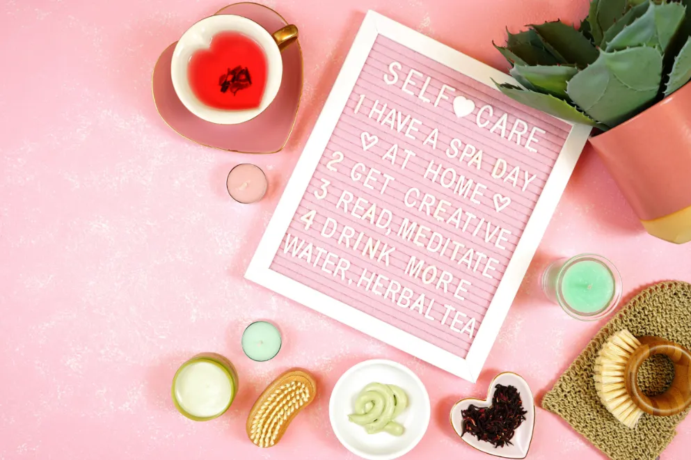 Self Care Tips on Message Board with Spa Items