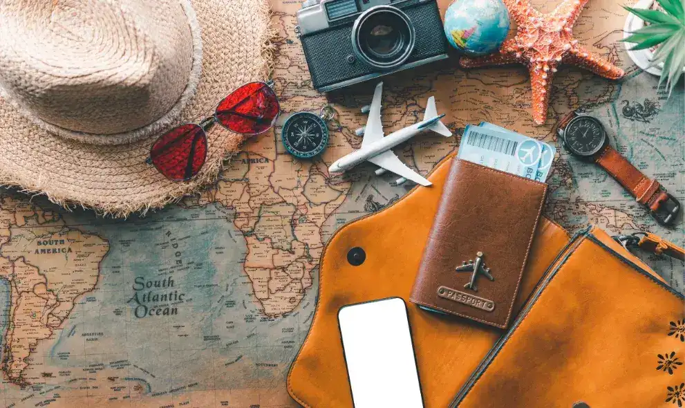 Tourism planning and equipment needed for trip on map