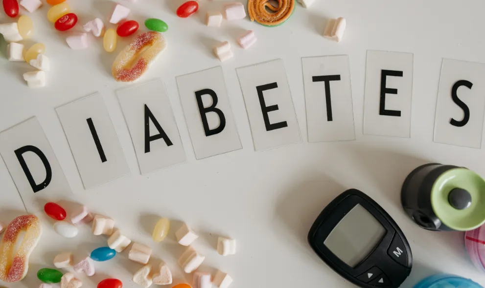 Word diabetes with sugar products and glucose meter