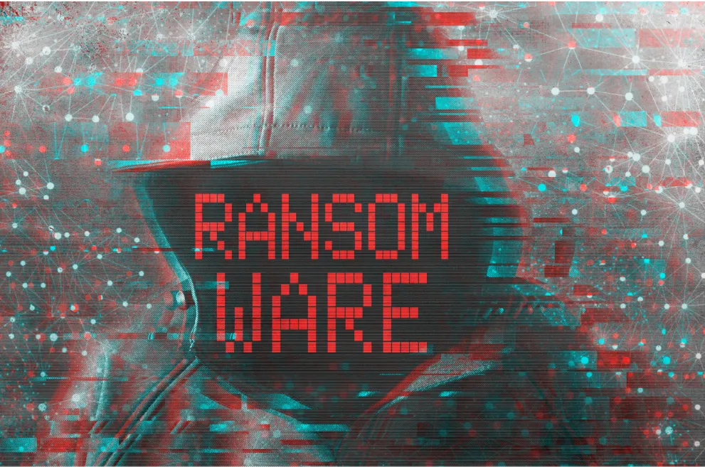 Word ransomware over hooded figure with blue and red pixels